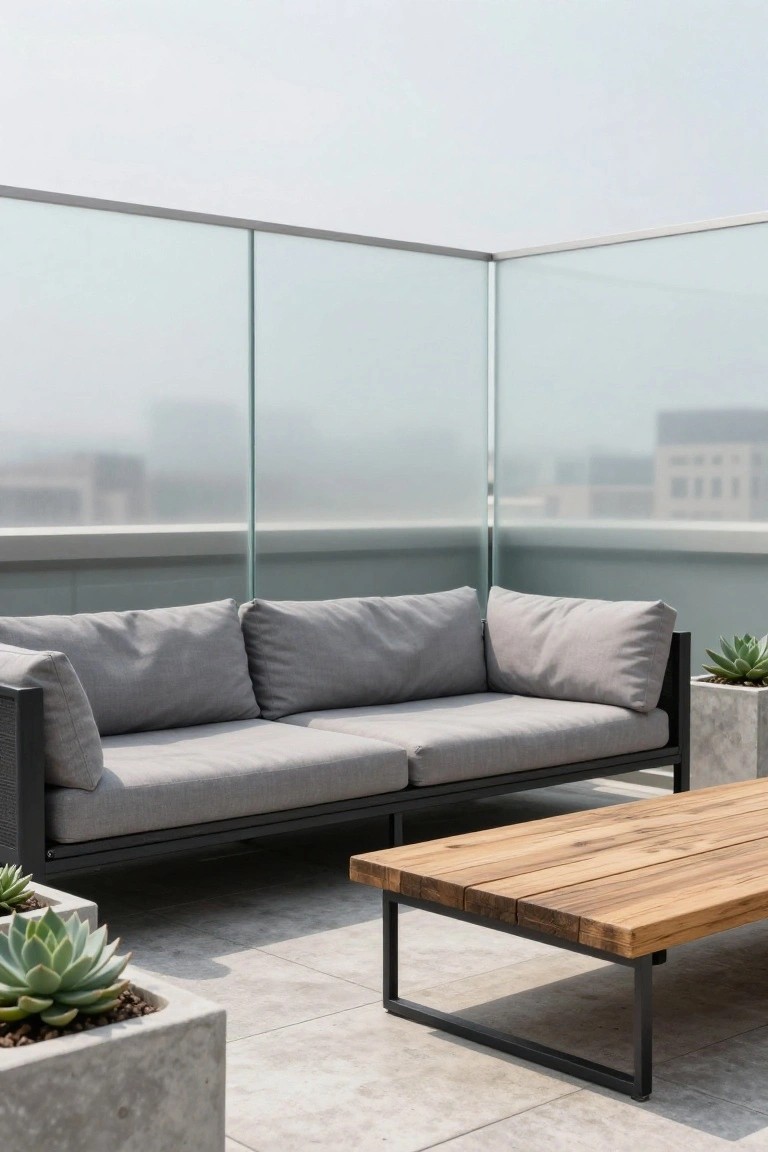 Gray L-shaped outdoor sofa with thick cushions and black metal frame next to a rectangular wooden coffee table on a concrete rooftop terrace, flanked by potted succulents and surrounded by frosted glass railings with hazy city buildings in the background.