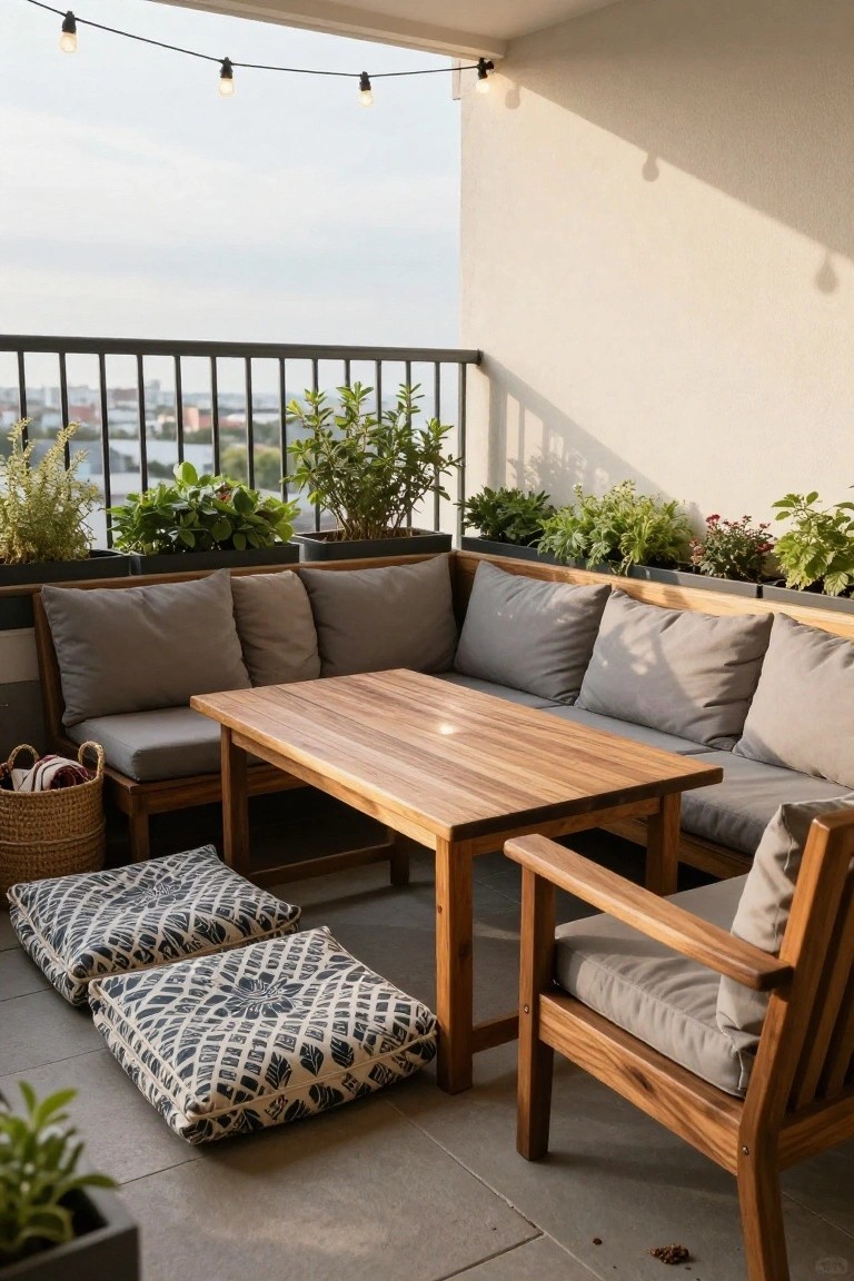 L-shaped wooden sofa with gray cushions on a balcony railing integrated with black planters, wooden table, woven baskets, floor cushions, and string lights over a cityscape.