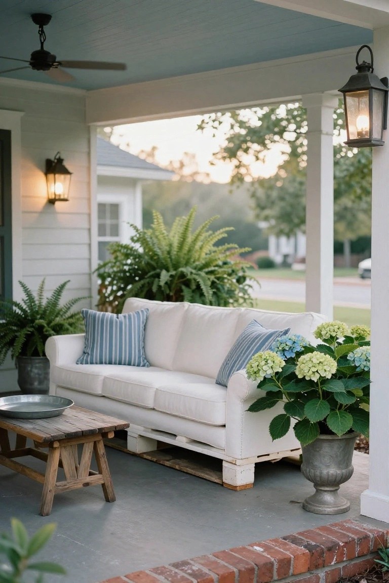White slipcovered three-seater sofa built on pallets on a covered porch with blue striped pillows, large potted hydrangeas, ferns, lanterns, ceiling fan, and rustic wooden tray table.