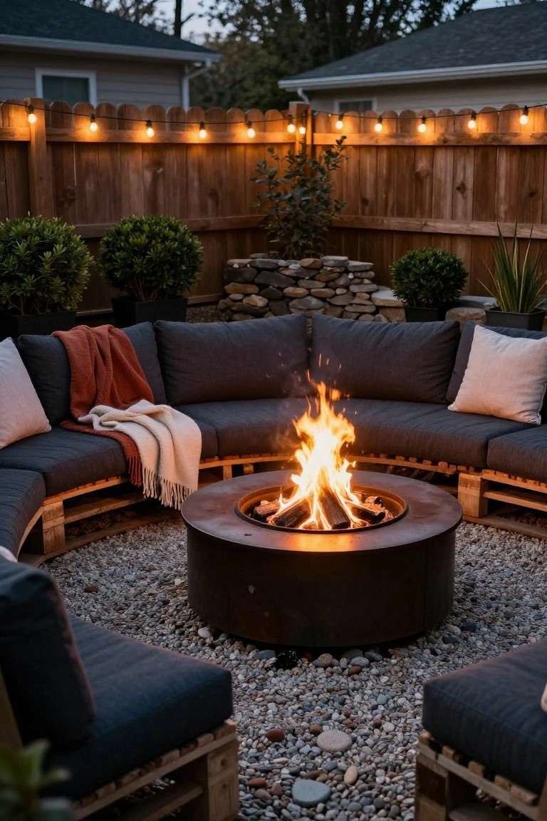 Curved dark gray pallet sofas with white and rust cushions surround a round metal fire pit with burning logs on a gravel patio, backed by wooden fence with string lights and potted plants at dusk.