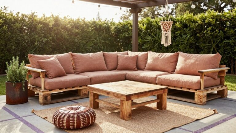 24 Stylish Pallet Sofa Outdoor Designs That Feel Surprisingly Elevated Wooden pallet L-shaped outdoor sofa with rust-colored cushions under a pergola strung with lights, featuring a pallet coffee table, leather pouf, potted rosemary, macrame plant hanger, and green hedge background on a patio.