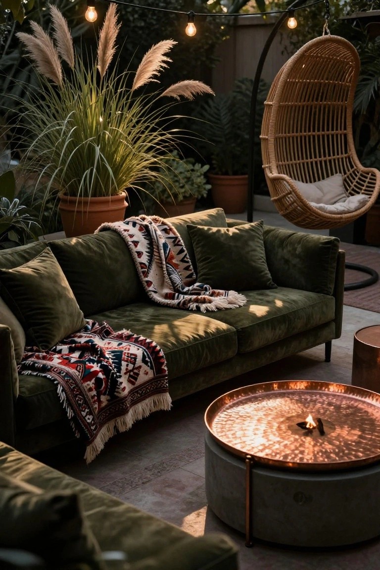 Outdoor patio lounge with two green velvet modular sofas draped in colorful woven blankets, a central hammered copper tray table holding a small flame, potted pampas grass, string lights overhead, and a hanging rattan egg chair nearby.