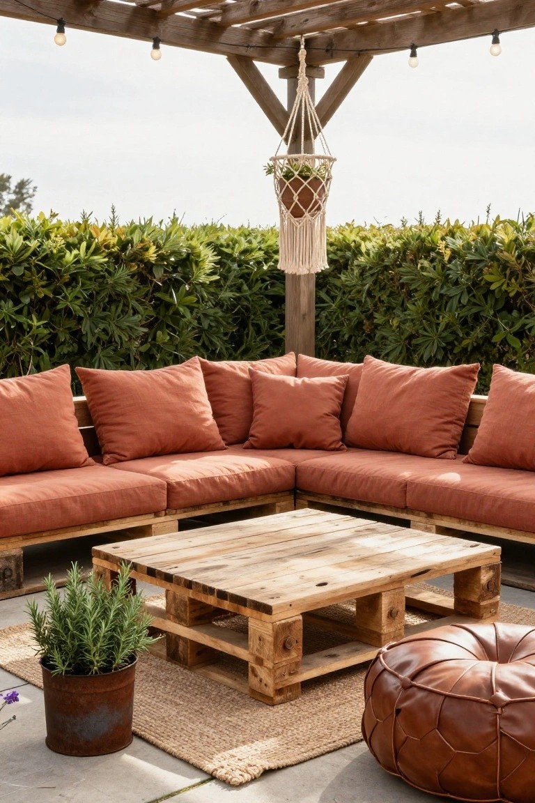 Wooden pallet L-shaped outdoor sofa with rust-colored cushions under a pergola strung with lights, featuring a pallet coffee table, leather pouf, potted rosemary, macrame plant hanger, and green hedge background on a patio.