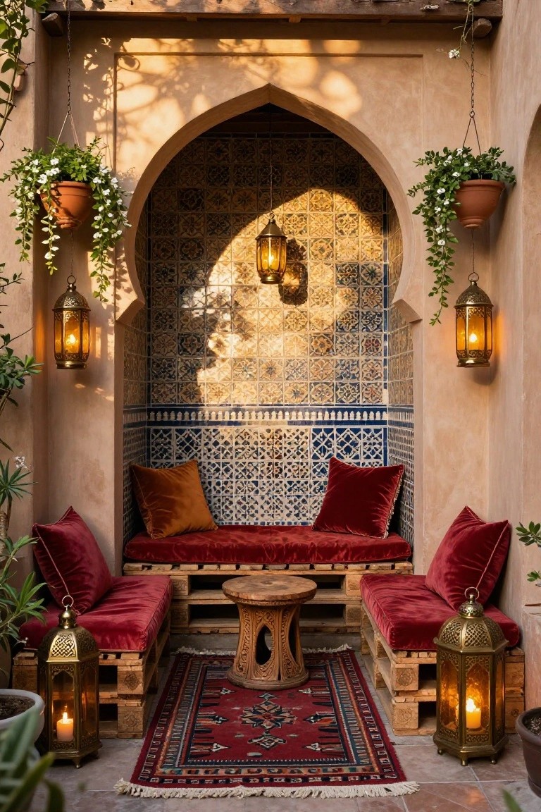 Outdoor seating area in an arched alcove with blue and white tiled walls, wooden pallet sofas topped with red cushions, brass lanterns, hanging plants, and a low wooden table on a patterned rug.