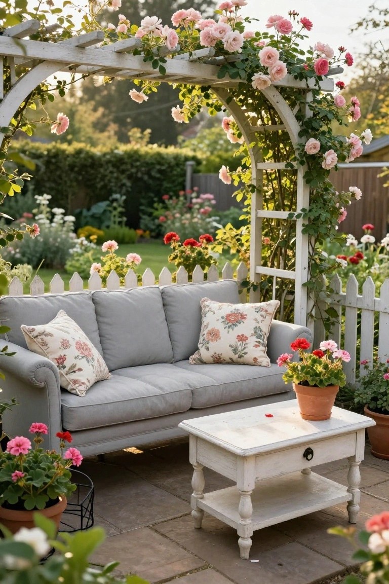 Gray three-seater sofa with floral throw pillows on a stone patio under a white wooden archway covered in pink climbing roses, next to a white side table with potted red geraniums and a white picket fence.