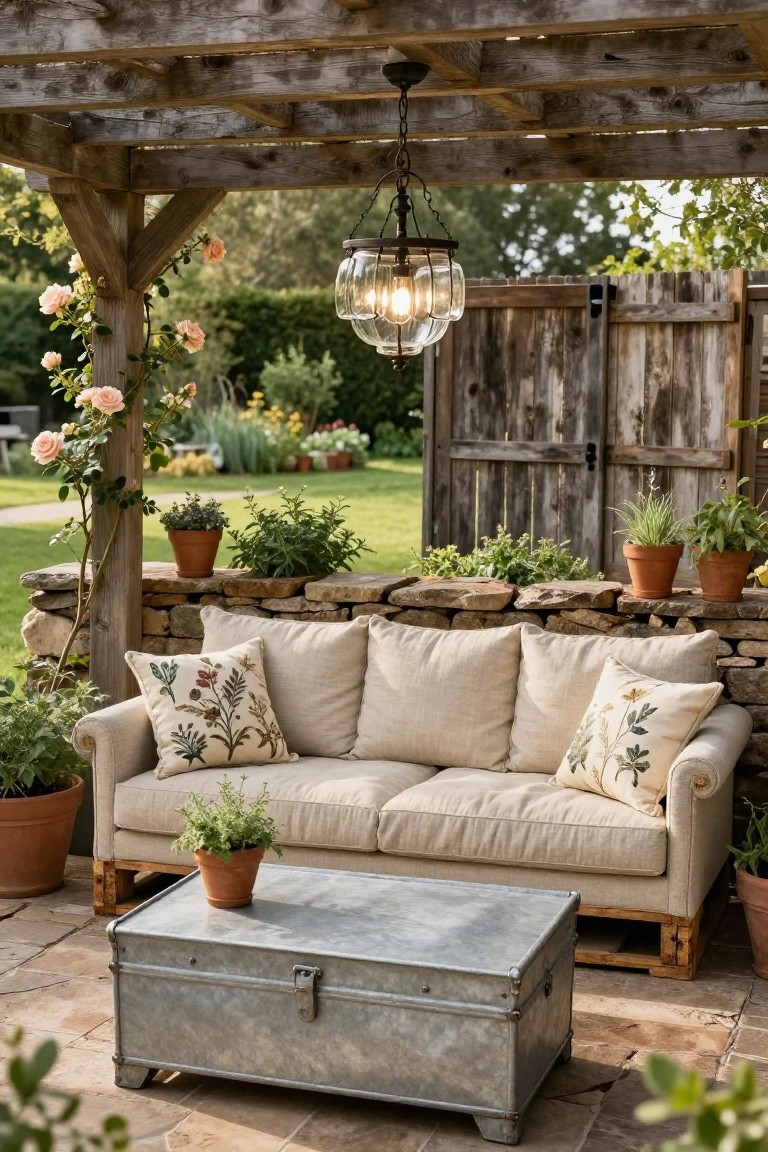 Wooden pergola shading a beige linen-upholstered sofa with embroidered cushions on a stone wall base, metal trunk table, potted plants, climbing roses, and garden view beyond a wooden gate.
