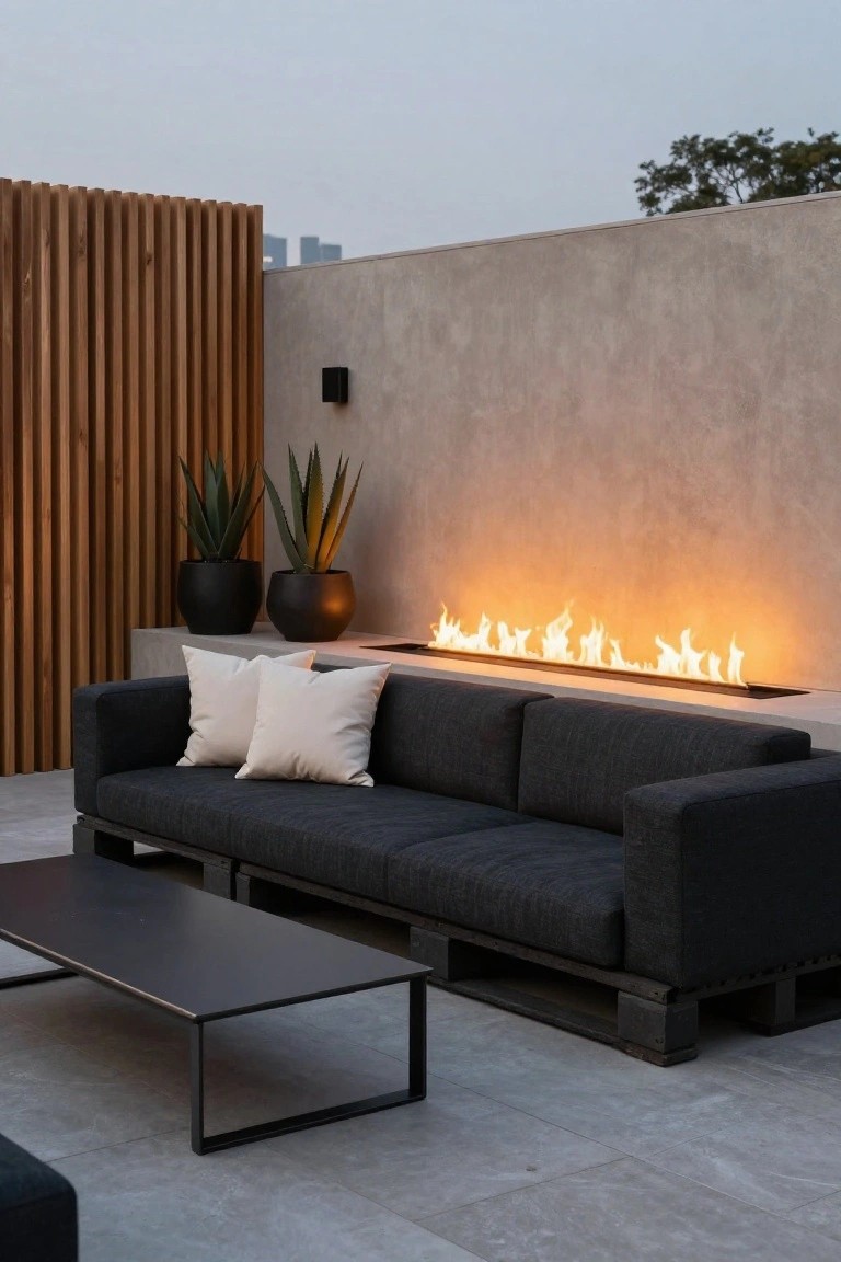 Rooftop terrace with dark gray sofa on pallet bases facing a linear gas fire pit in a concrete wall, white cushions on sofa, black pots with agave plants, wooden slat screen, low black coffee table, and tiled floor.
