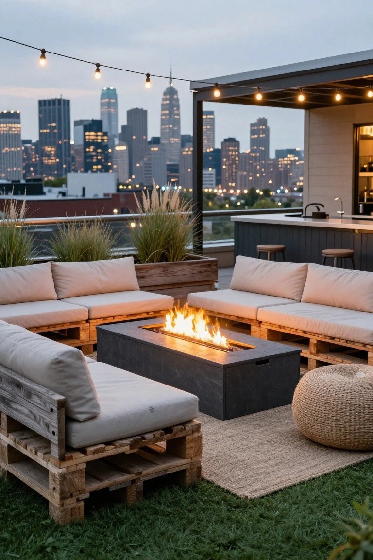 Rooftop terrace with beige-cushioned wooden pallet sofas in U-shape around rectangular black gas fire table, string lights overhead, potted tall grasses, bar area with stools, and city skyline at dusk.