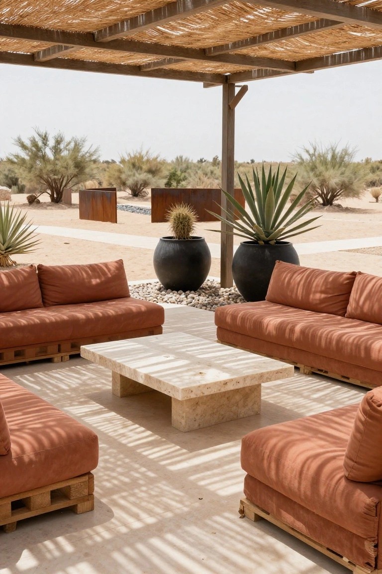 Outdoor seating area under a thatched pergola with terracotta-cushioned sofas on wooden pallet bases arranged around a rectangular stone coffee table, surrounded by large black pots with agave plants in a desert landscape.