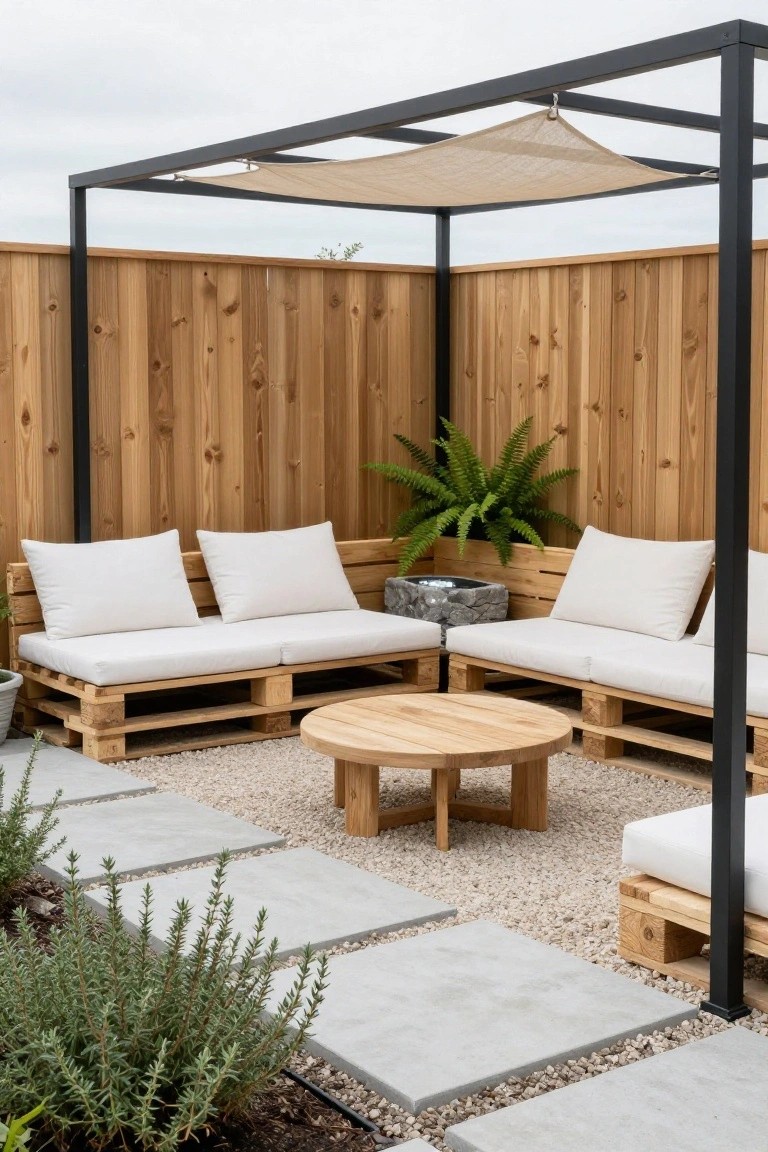 L-shaped outdoor sofas made from pallets with white cushions arranged around a round wooden coffee table under a black metal pergola with beige shade cloth, against a wooden fence on a gravel patio with stone pavers.