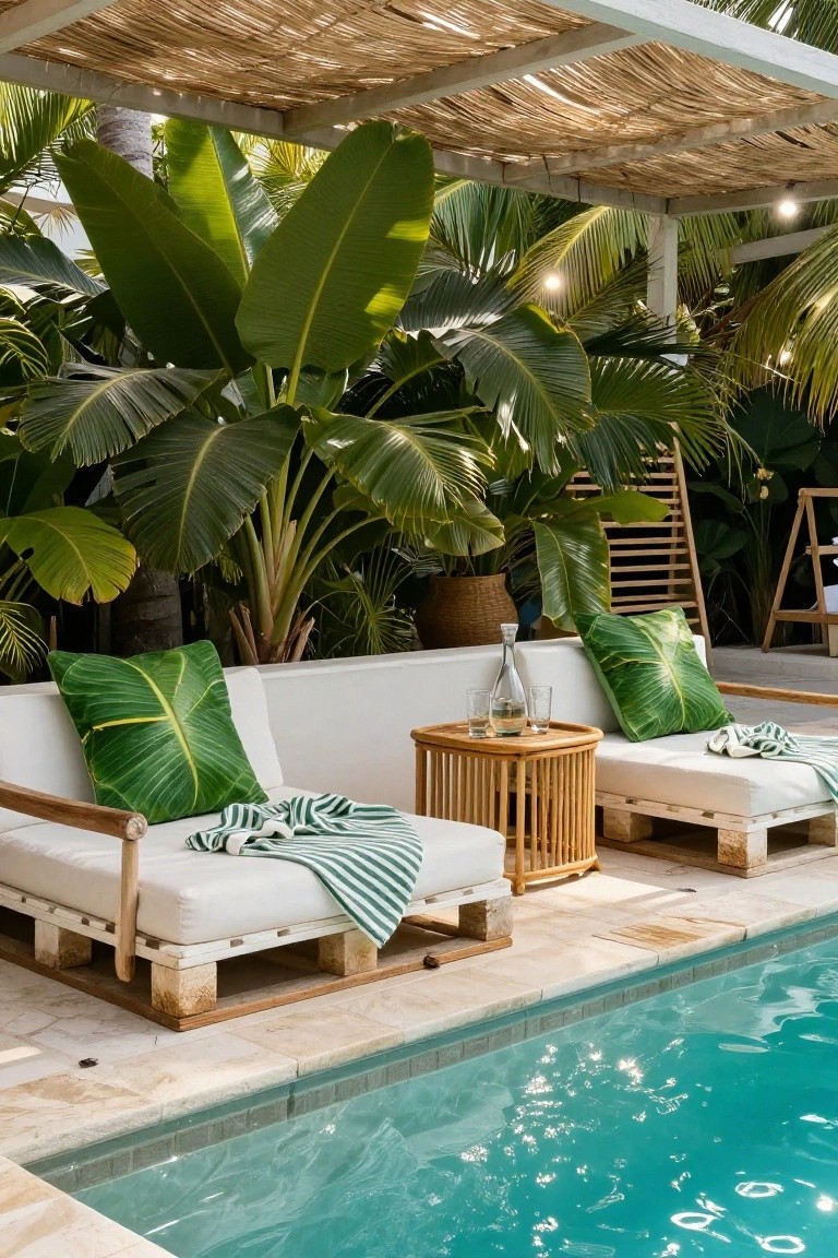 Two white pallet lounge chairs with green leaf-patterned pillows and striped throws on a pool deck, next to a rattan side table with glasses and a bottle, under a thatched pergola amid tropical plants.