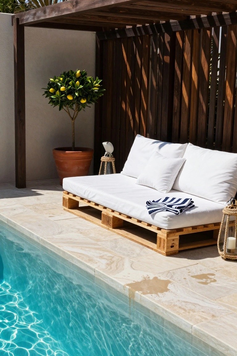 Wooden pallet sofa with white cushions and striped towel next to a swimming pool, under a pergola with slatted screens, lemon tree in terracotta pot, and rattan lanterns on a stone deck.