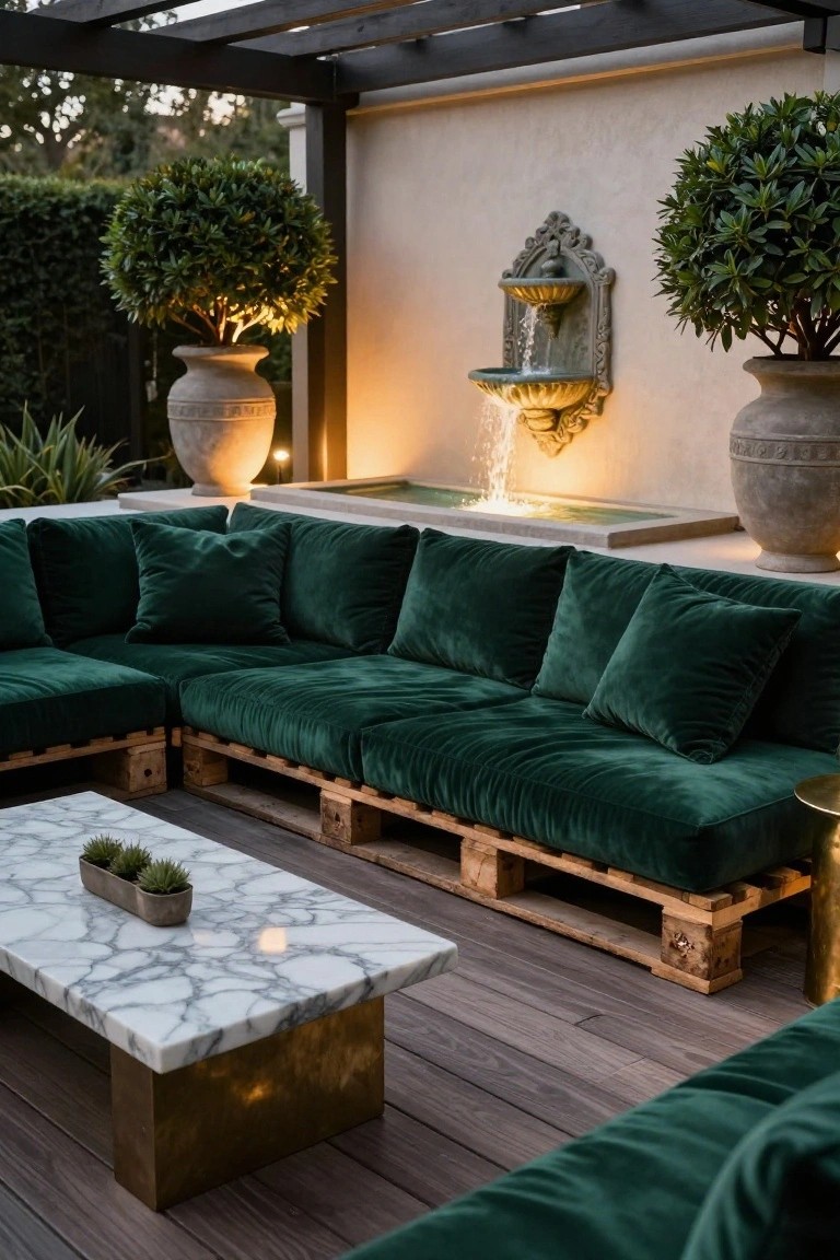 L-shaped outdoor sofa made from wooden pallets upholstered in green velvet cushions, with a white marble coffee table holding potted succulents, next to a wall fountain and large terracotta pots on a wooden deck.
