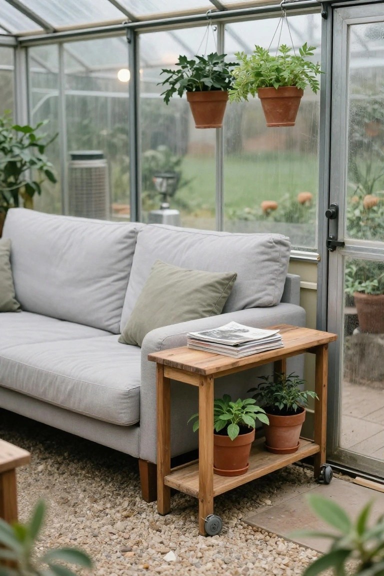 Gray sofa in a glass greenhouse with a wooden side table on wheels holding potted plants and stacked magazines, surrounded by hanging plants and gravel floor.