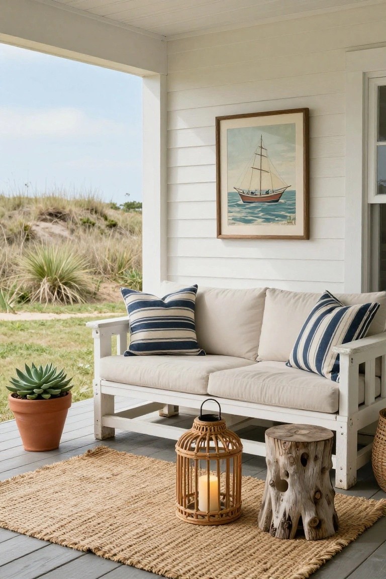 White wooden sofa with beige cushions and navy striped pillows on a covered porch with seagrass rug, rattan lantern, driftwood stool, potted agave, and nautical boat painting on shiplap wall, overlooking dunes and grass.