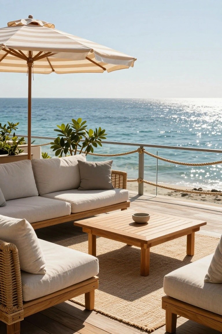 Wooden deck balcony with modular beige-cushioned rattan and wood sofas and armchairs arranged around a low rectangular teak coffee table with a ceramic bowl, shaded by a large striped umbrella, potted plants nearby, rope balustrade, and ocean view.
