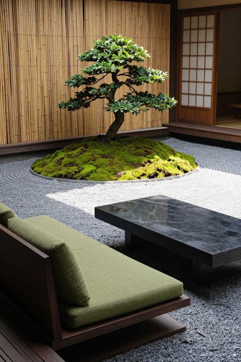 Japanese-style outdoor courtyard with bamboo fence, shoji screen door, central circular gravel pattern around moss-covered mound with bonsai tree, low black stone table, and green fabric low sofa on gravel ground.