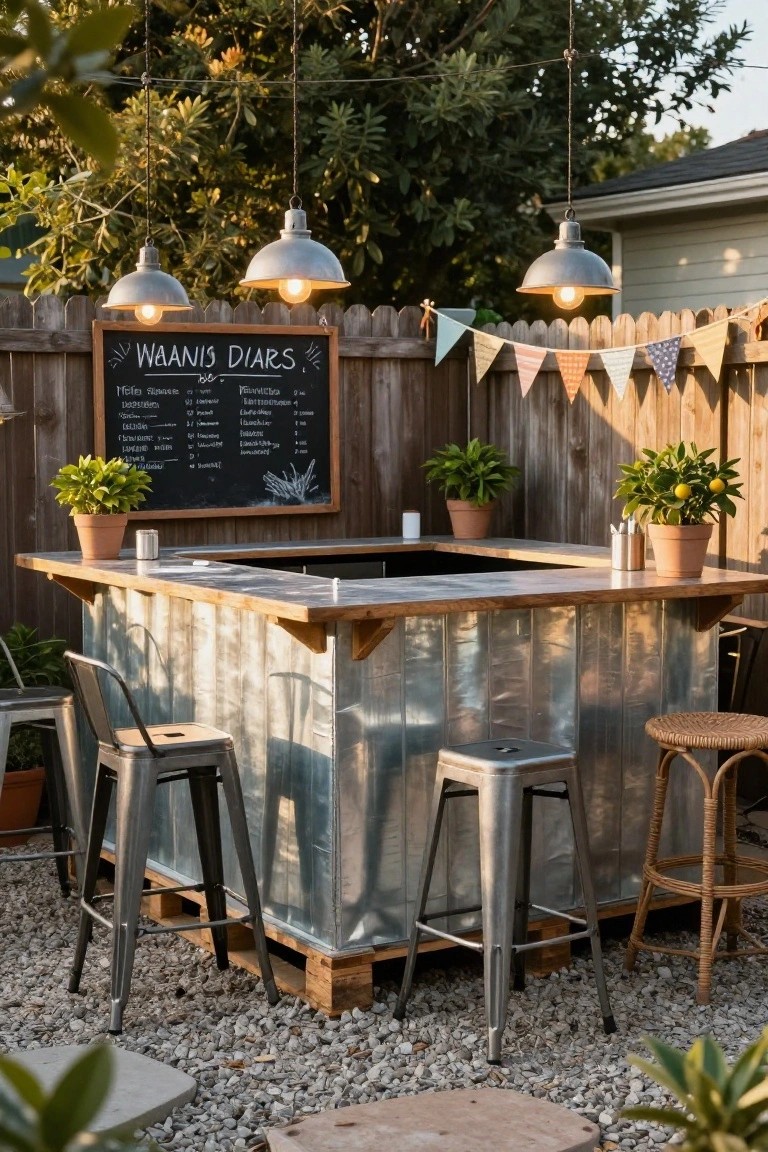 Backyard outdoor bar built on pallets with corrugated metal sides and wooden top, metal bar stools, potted plants, hanging pendant lights, and chalkboard menu sign against a wooden fence with bunting.