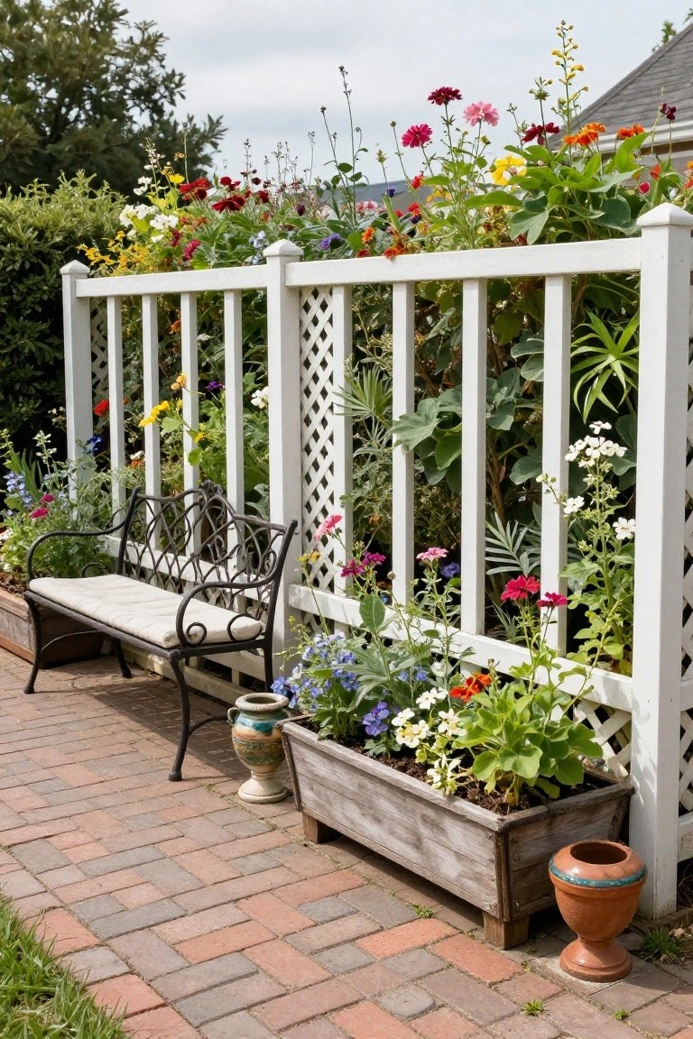 White lattice fence overgrown with colorful flowers and plants including red dahlias, pink cosmos, and green foliage, next to a black wrought iron bench, wooden planter box, and brick path in a garden.