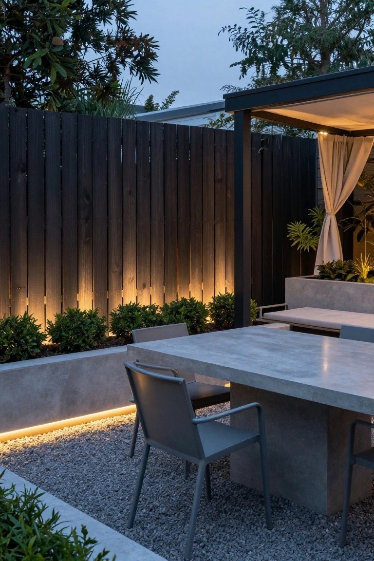 Outdoor patio area featuring a concrete dining table and chairs on gravel ground, surrounded by a tall dark wooden slatted fence with warm LED backlighting, boxwood shrubs in concrete planters, and a covered pergola with draped curtains.