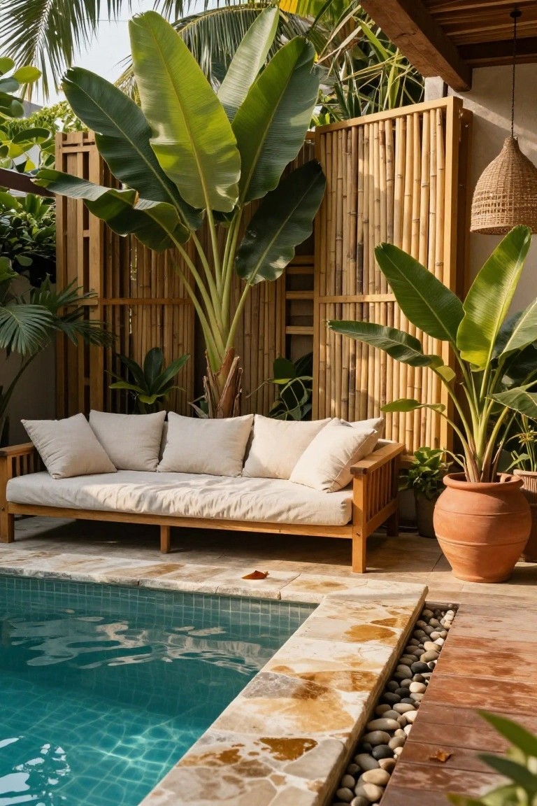 Poolside wooden daybed with beige cushions next to a small tiled pool, enclosed by tall bamboo slat fencing and surrounded by banana plants and potted greenery.