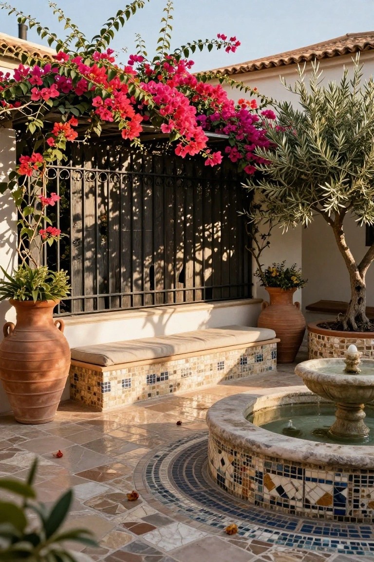 Mediterranean courtyard patio with pink bougainvillea vines climbing over a black wrought-iron barred gate and wall, flanked by large terracotta pots, a cushioned bench, olive tree, and central stone fountain on mosaic-tiled flooring.