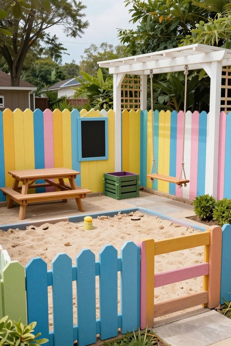 Backyard play area enclosed by multicolored wooden picket fence with sandbox, wooden picnic table, swing on pergola, chalkboard, and green storage bin.