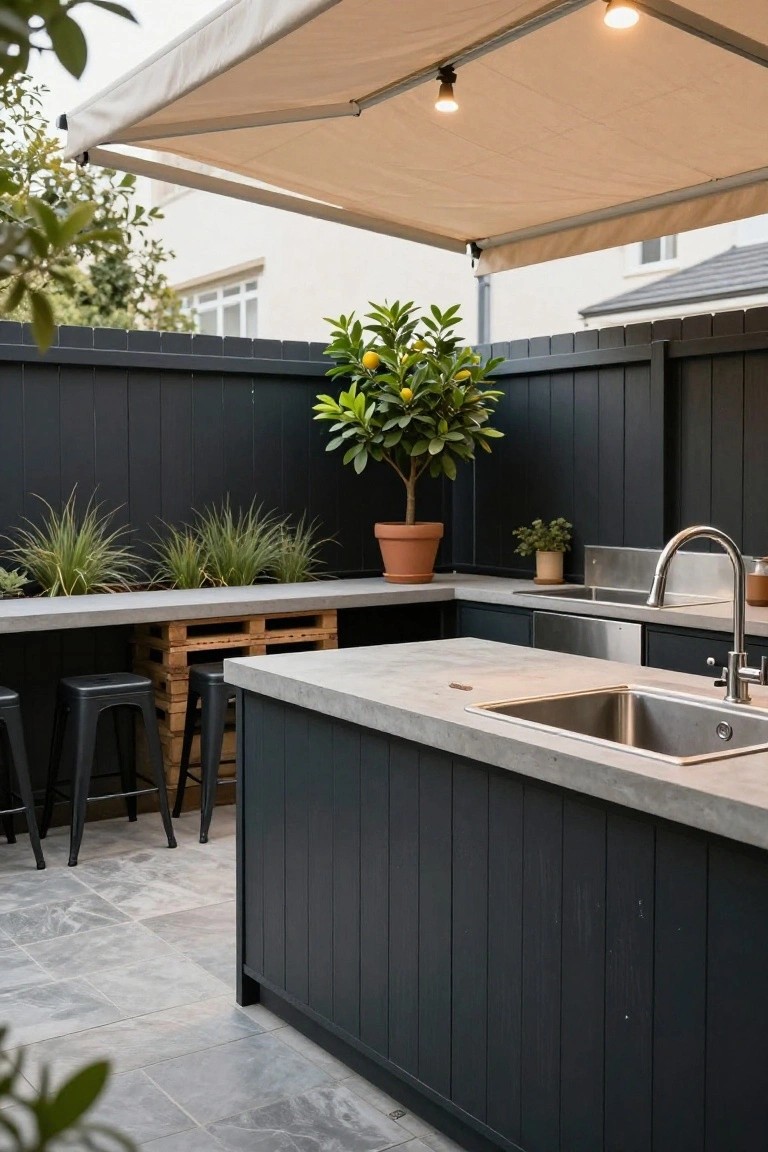 Outdoor kitchen in a backyard with tall black vertical board fence, concrete countertops and sink, black metal bar stools on stacked wooden pallets, potted plants including a lemon tree, and beige awning with lights overhead on gray tiled patio.