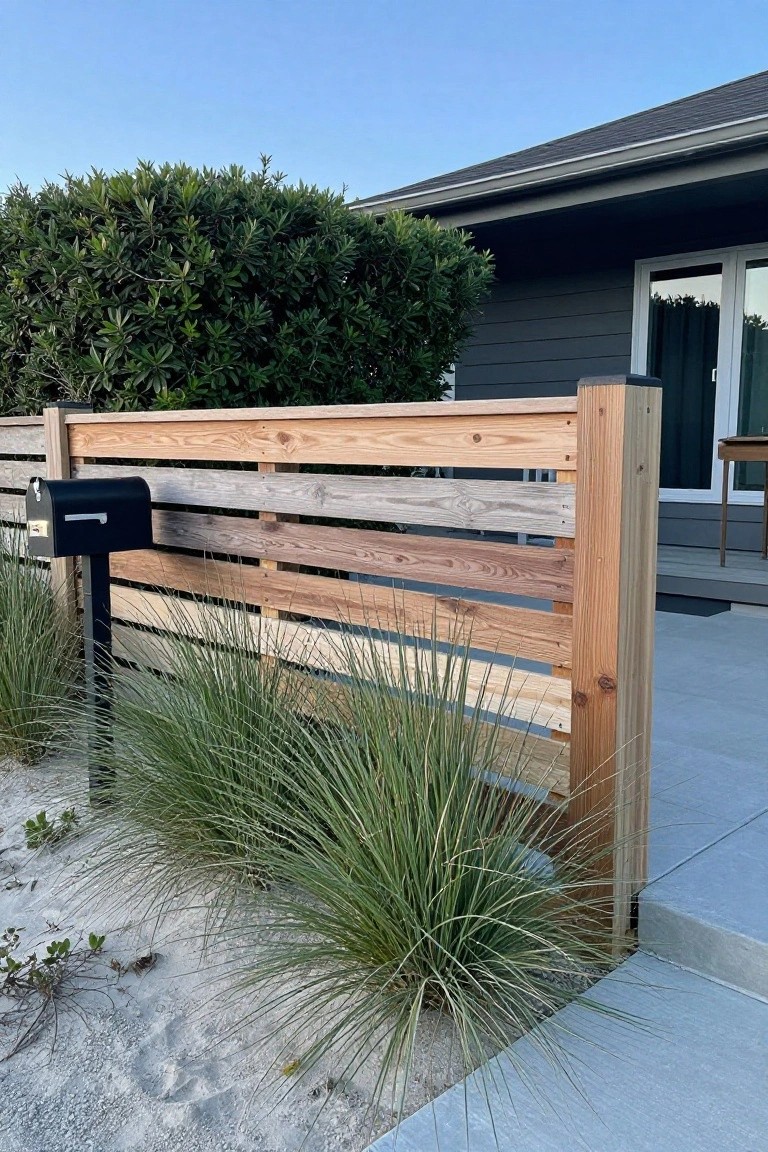 Gray modern house with horizontal slatted wooden fence from pallets next to a concrete patio, black mailbox, beach grasses, shrubs, and sandy ground.