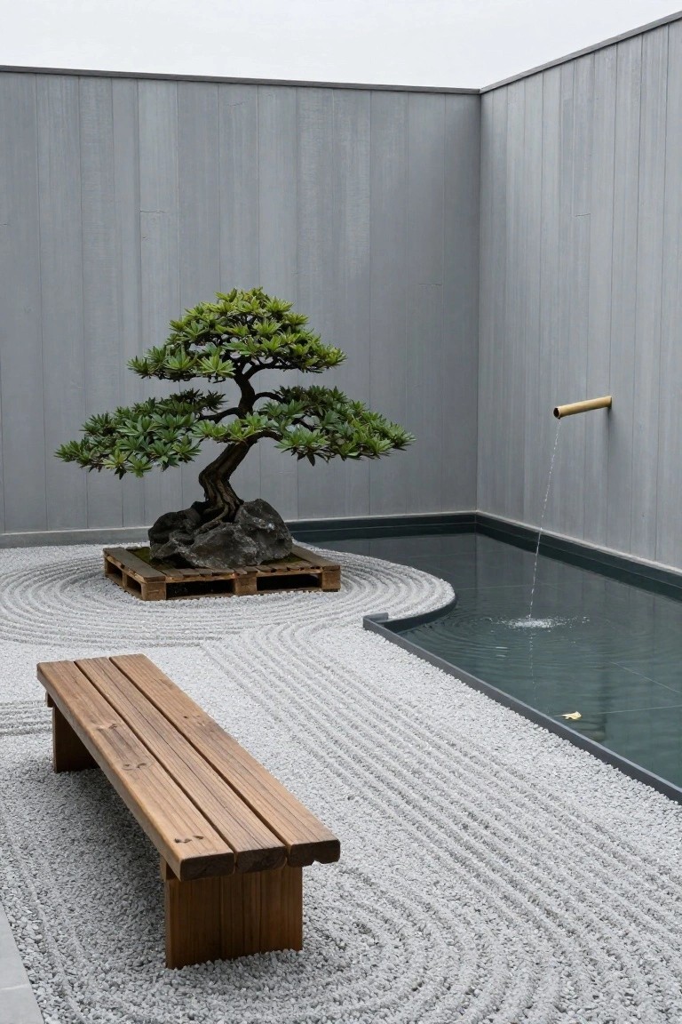 Enclosed gray courtyard featuring a bonsai tree on a wooden pallet base with rocks, surrounded by raked white gravel, a small dark pond with water flowing from a bamboo spout, and a wooden bench nearby.