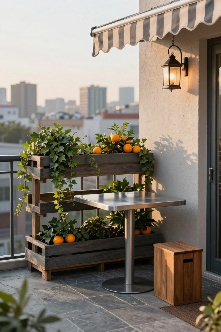 Balcony with tiered dark wooden crate planters overflowing with green ivy and orange trees along the railing, a round metal table with wooden stool nearby, striped awning overhead, lantern light on beige wall, city buildings in background, tiled floor.