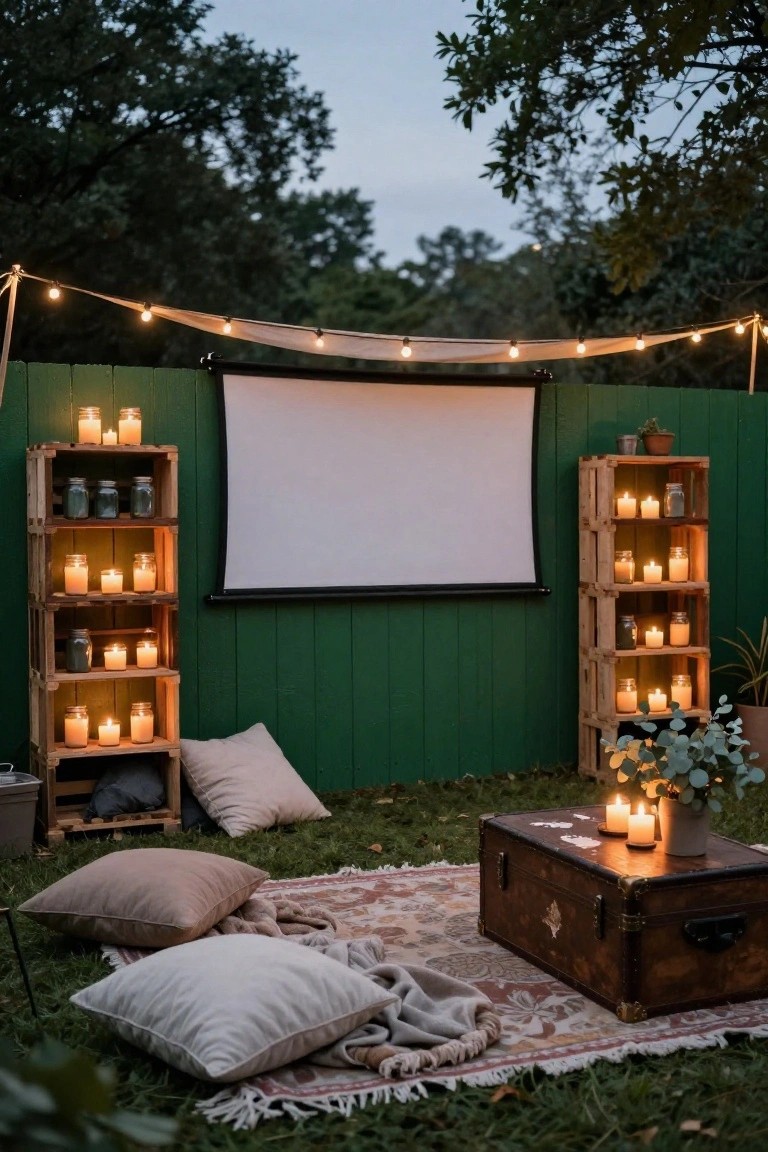 Backyard outdoor movie setup with projector screen against green slatted pallet wood fence, flanked by pallet crate shelves with lit candles and mason jars, string lights overhead, picnic blankets pillows and wooden chest table on grass.