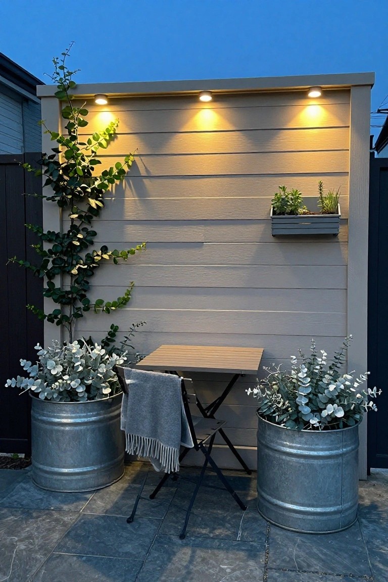 Beige slatted wooden fence panel with climbing vines, recessed round lights, and a wall-mounted planter, backing a small wooden table with two folding chairs and two large galvanized metal tubs planted with silver eucalyptus on a dark paved patio at dusk.