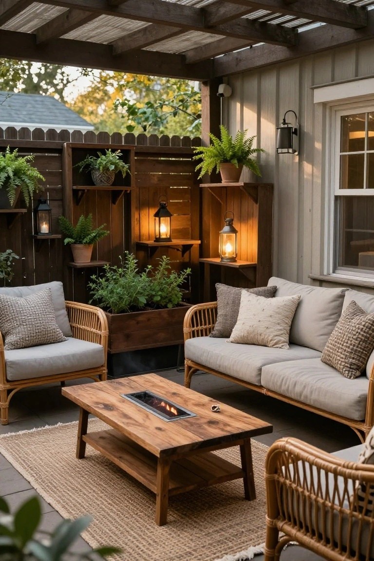 Outdoor seating area under a wooden pergola with rattan chairs and sofa around a wooden fire table, wooden shelves on a fence holding plants and lanterns, gray house wall and greenery in background.