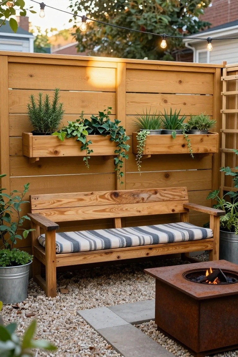 Wooden slatted fence with three mounted rectangular planter boxes containing rosemary, ivy, succulents, and other plants; wooden bench with striped cushion in front, square metal fire pit on gravel ground, potted plants around, string lights overhead.