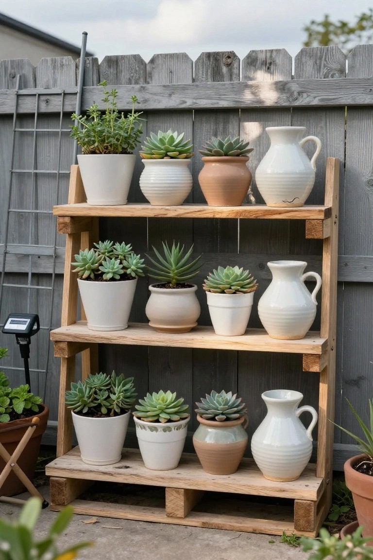 Wooden pallet shelf with three tiers holding potted succulents in white and terracotta pots plus white pitchers, placed against a gray picket fence in a backyard with nearby potted plants and a solar light.