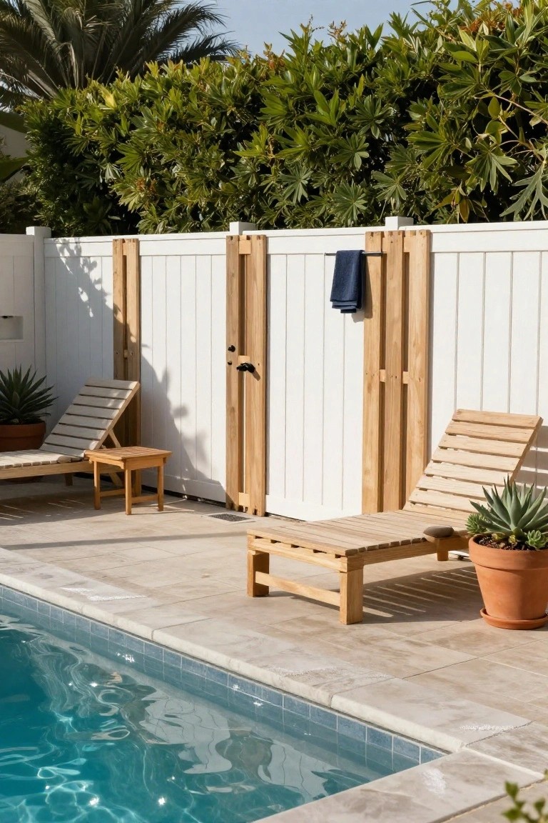 White paneled fence with vertical wooden pallet slats forming a privacy screen around an outdoor shower next to a pool, with lounge chairs, plants, and a blue towel hanging on the slats.