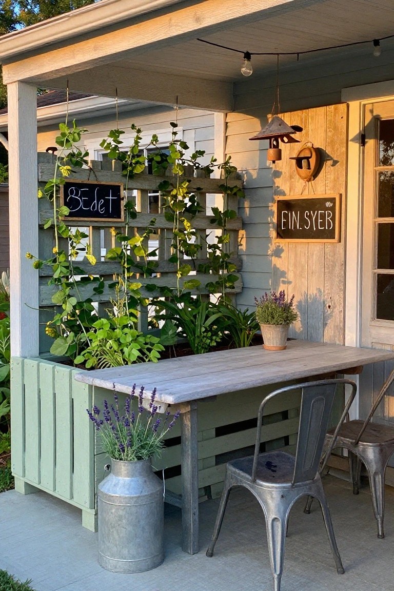 Green painted pallet trellis with climbing vines and plants in a base planter box behind a wooden table and metal chairs on a porch next to a house wall with black signs reading Sødt and Einsybeb.