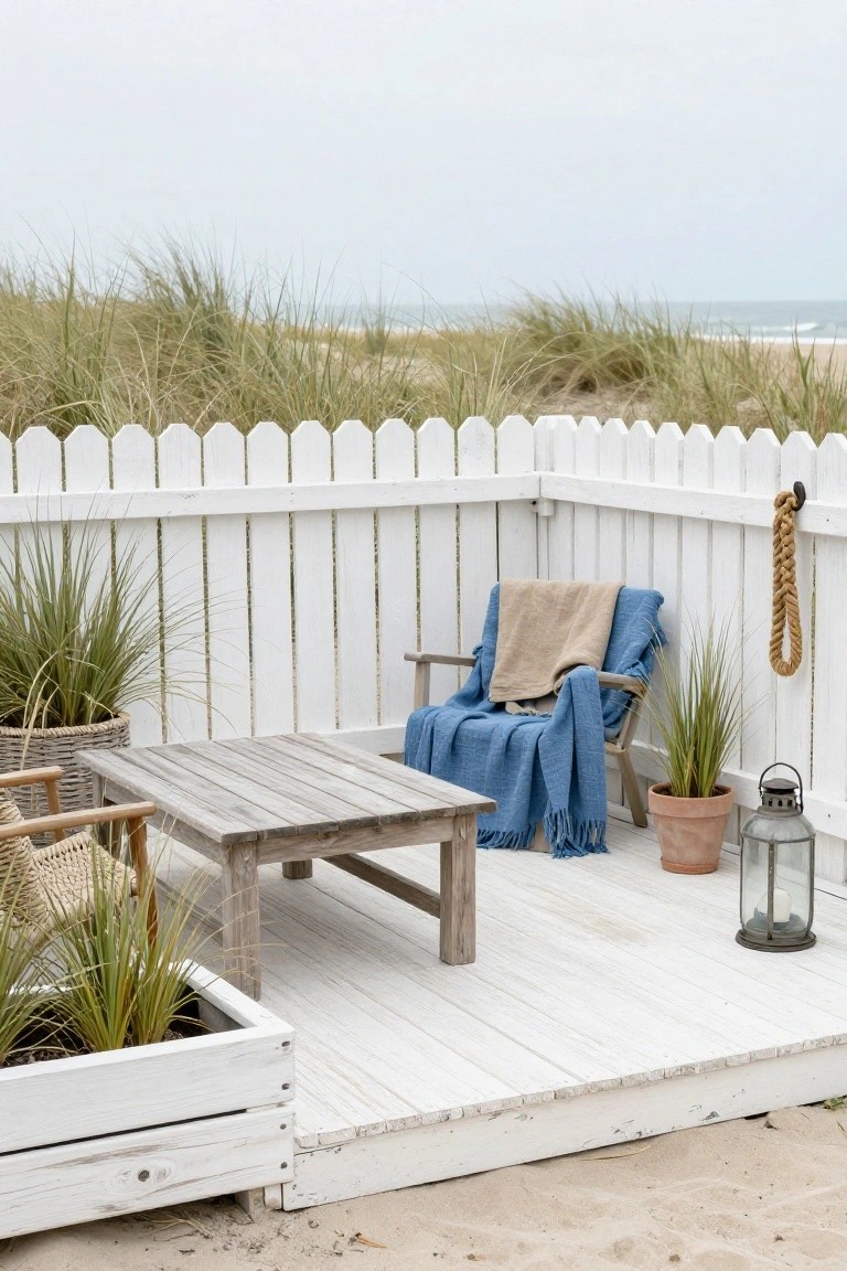 White scalloped picket fence enclosing a wooden deck with blue chair covered in beige and blue blankets, weathered wooden table, rattan chairs, potted grasses, lantern, and beach dunes with ocean in the background.