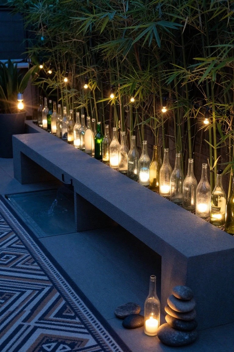 Concrete bench on an outdoor terrace lined with empty glass bottles containing lit candles, backed by dense bamboo screening with string lights overhead, a small glass water feature below the bench, patterned rug, and stacked stones nearby.