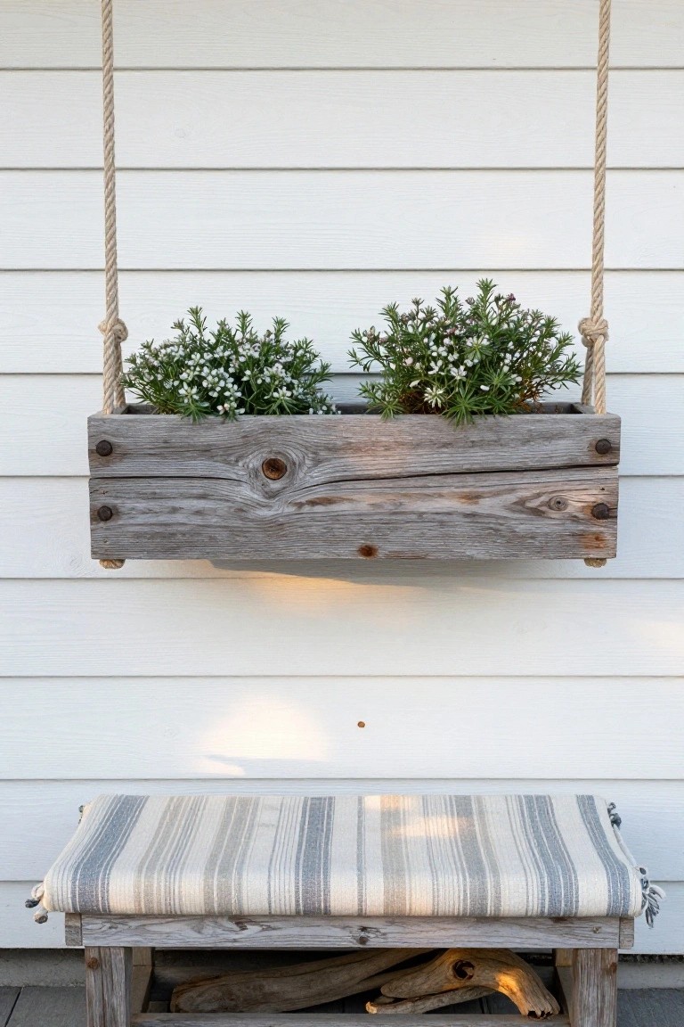 Weathered wooden crate planter filled with small white-flowered plants, suspended by thick ropes from a white shiplap wall, with a wooden bench topped by a striped cushion and containing driftwood underneath.