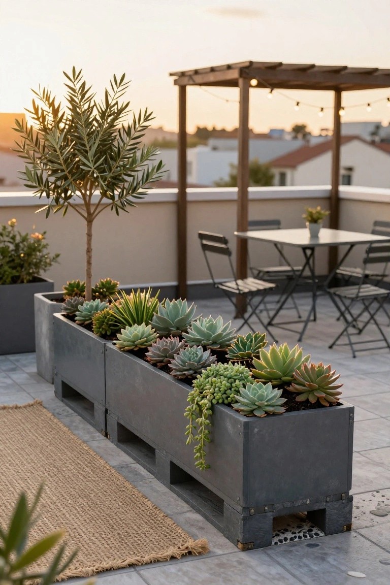 Rooftop terrace with a long black rectangular planter box on wooden pallet base filled with various succulents including Echeveria and Sedum, adjacent to a small metal table and four chairs under a wooden pergola strung with lights, olive tree and other plants nearby on tiled floor.