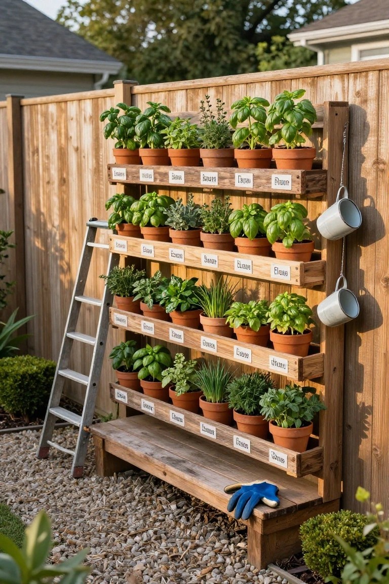 Wooden pallet shelves mounted on a backyard fence hold rows of terracotta pots filled with herb plants, each shelf labeled with herb names, a metal ladder leaning against the structure, blue gloves on a wooden base, and two white mugs hanging from hooks.