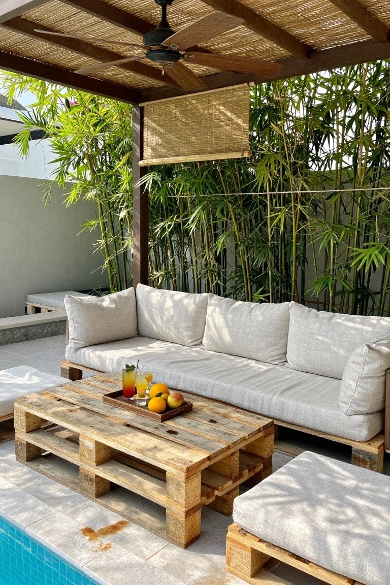 Wooden pallet sofa with white cushions, pallet coffee table holding drinks and fruit tray, under a thatched pergola with bamboo plants, adjacent to a blue swimming pool on a tiled patio.