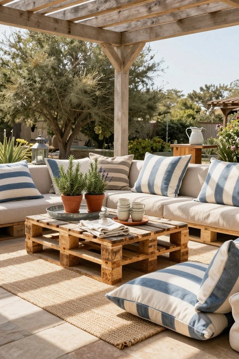 Outdoor patio under wooden pergola with low beige sofa, blue and white striped cushions, floor pillows, jute rug, and wooden pallet coffee table topped with potted herbs, saucers, teacups, and metal tray.