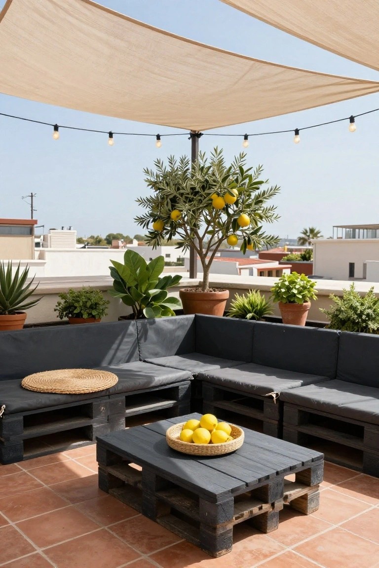 Rooftop terrace with L-shaped dark-stained pallet sofa, pallet coffee table holding lemons in a woven basket, potted plants including a lemon tree, beige shade sails overhead, string lights, and terracotta tile floor.