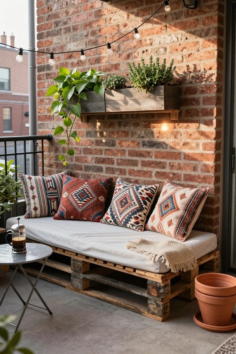 Balcony featuring a white daybed built from stacked wooden pallets with colorful patterned pillows and a throw blanket, a small metal table holding a coffee cup, potted plants, wooden planters on a brick wall, and string lights overhead.
