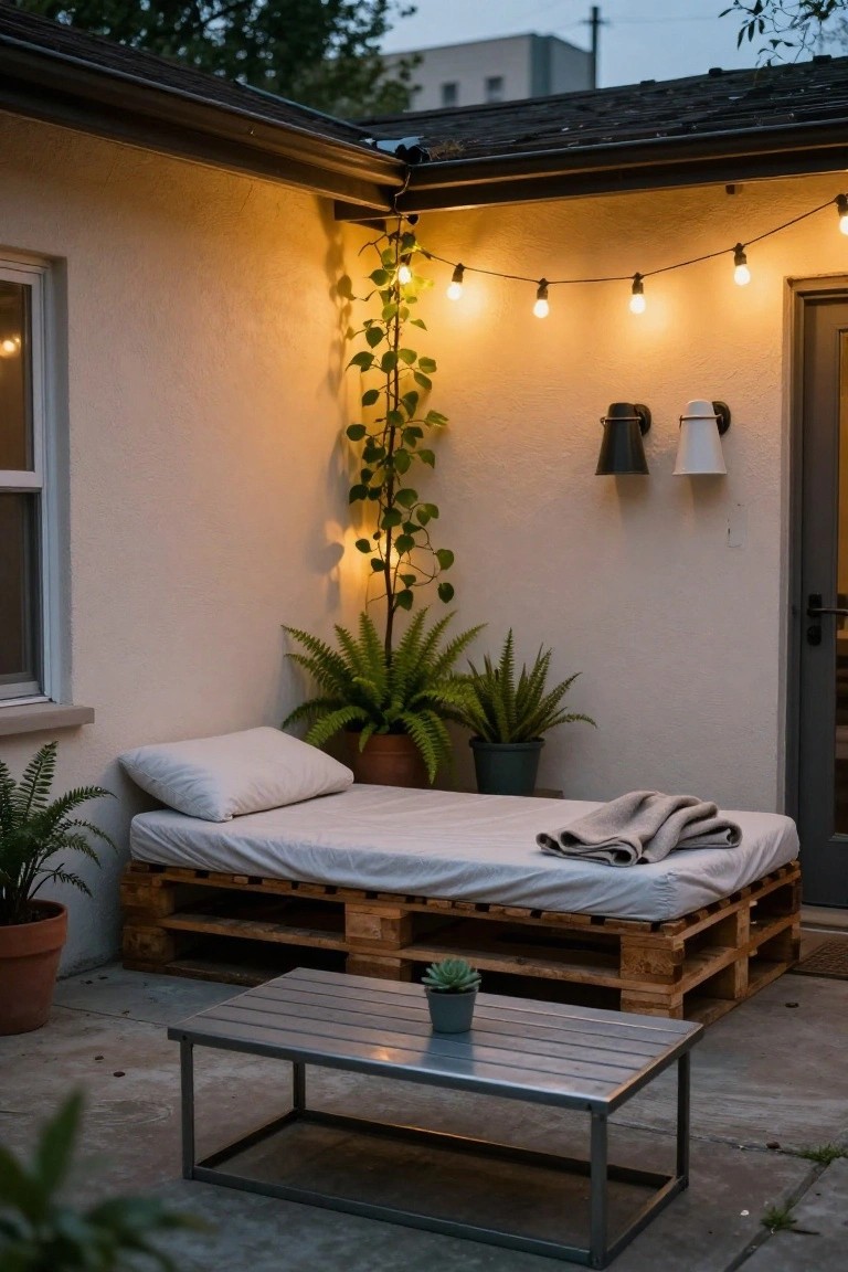 Corner of an outdoor patio featuring a white-sheeted daybed made from wooden pallets, a metal side table with a potted succulent, various potted plants, string lights overhead, and wall-mounted lamps next to a stucco wall and gray door.