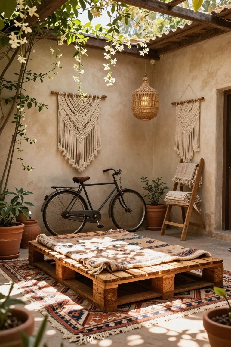 Covered outdoor patio with adobe walls, wooden pallet platform bed topped with patterned rug and bedding, black bicycle nearby, potted plants, macrame hangings, rattan lantern, and folding wooden chair with blankets.