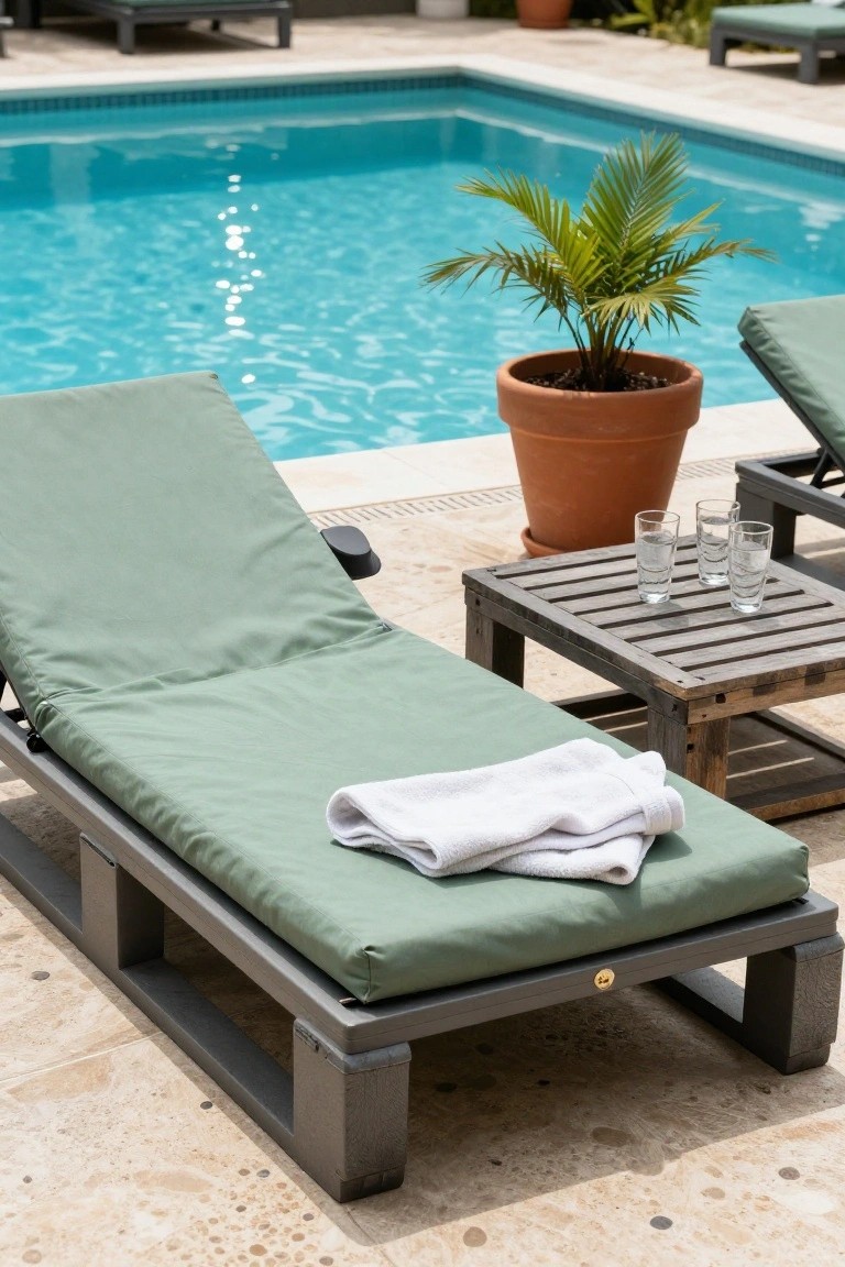 Green cushioned lounge chair on a tiled patio next to a small slatted wooden side table with two glasses and a white towel, positioned beside a blue swimming pool with a potted palm plant nearby.